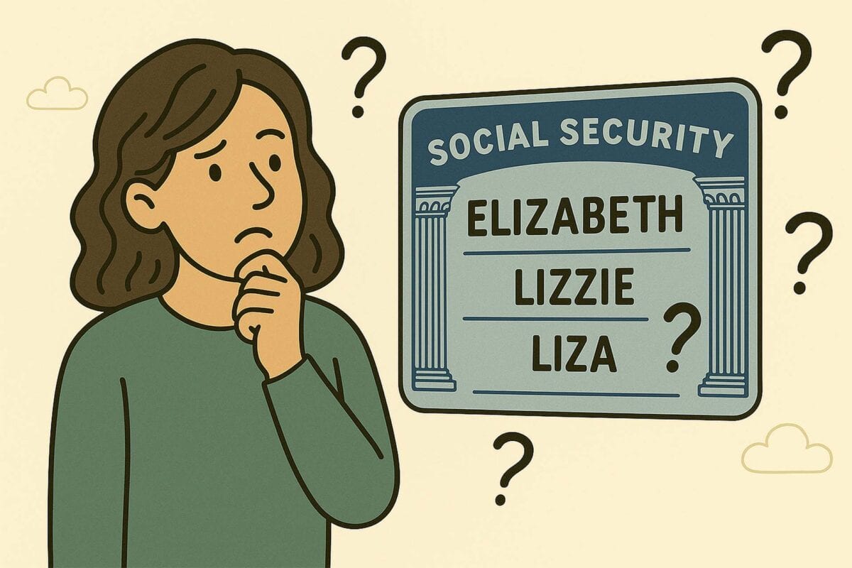 Confused woman thinking while looking at a Social Security card showing name variations: Elizabeth, Lizzie, and Liza with question marks around it