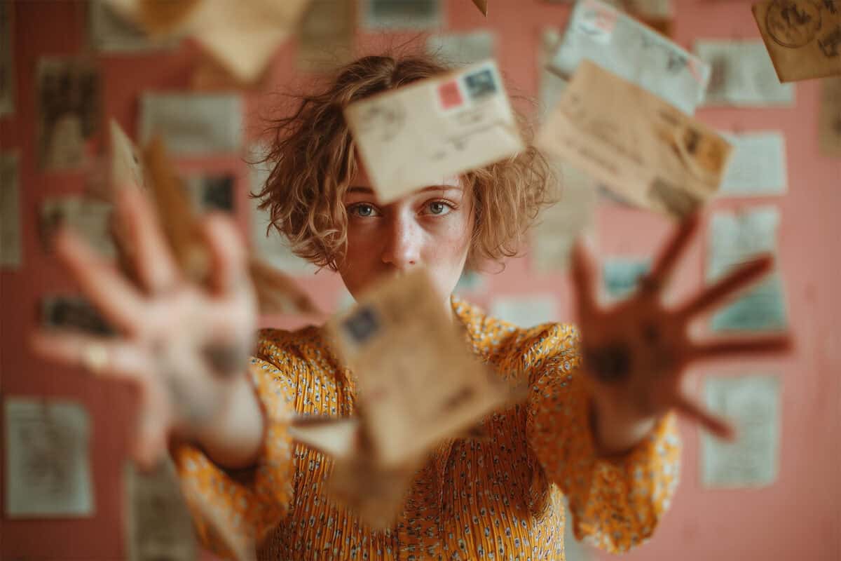 Woman reaching toward floating envelopes with a wall of vintage mail behind her