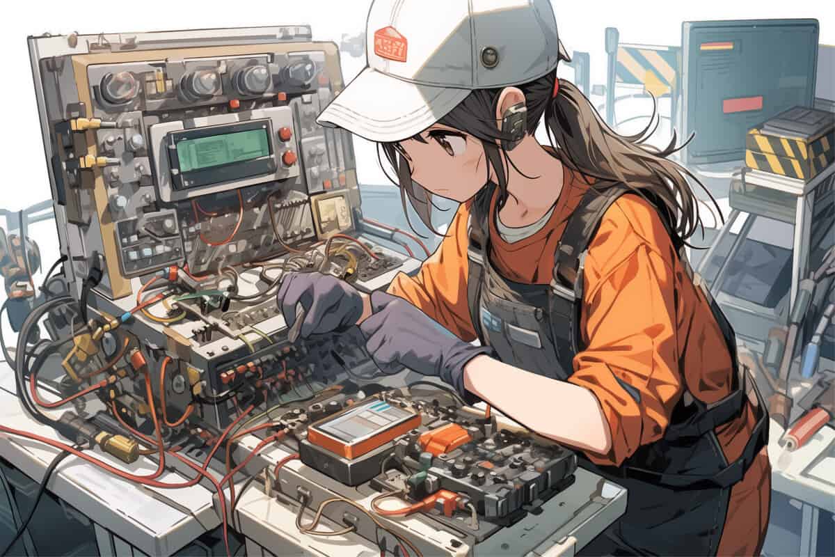 Woman repairing complex mechanical device