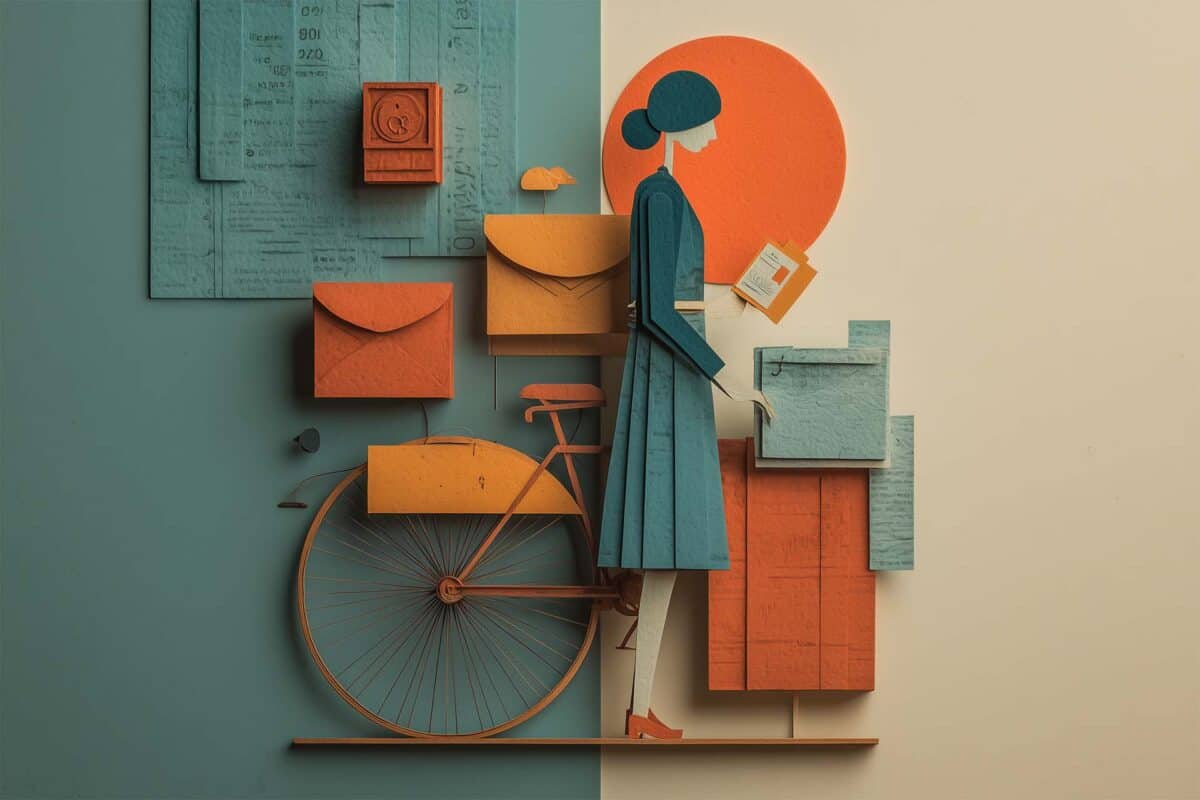 At pickup points, it's about verification, but not always in the way you expect. Woman retrieving a mail package at a carrier facility, surrounded by envelopes, documents, and a bicycle.