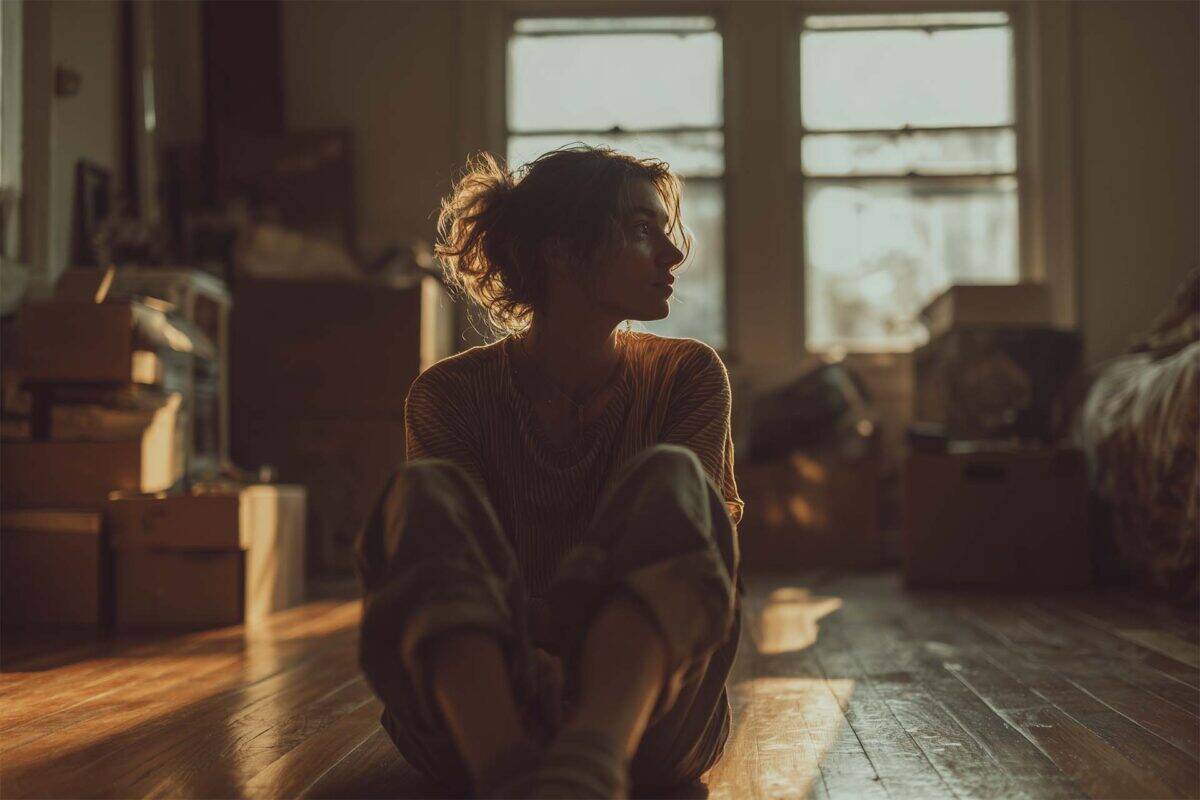 Woman sitting on the floor of a dimly lit apartment surrounded by moving boxes