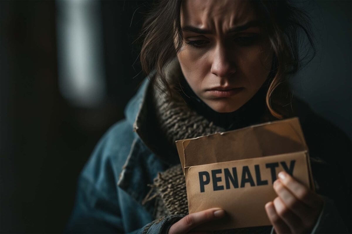 Woman with a somber, downcast gaze, holding an open brown envelope with the word 'PENALTY' stamped across