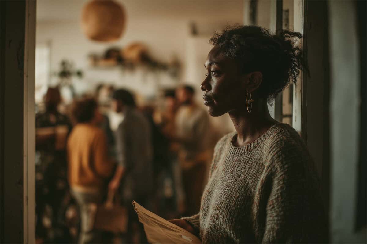 Woman standing alone in the foreground holding mail, with a blurred group of people in the background