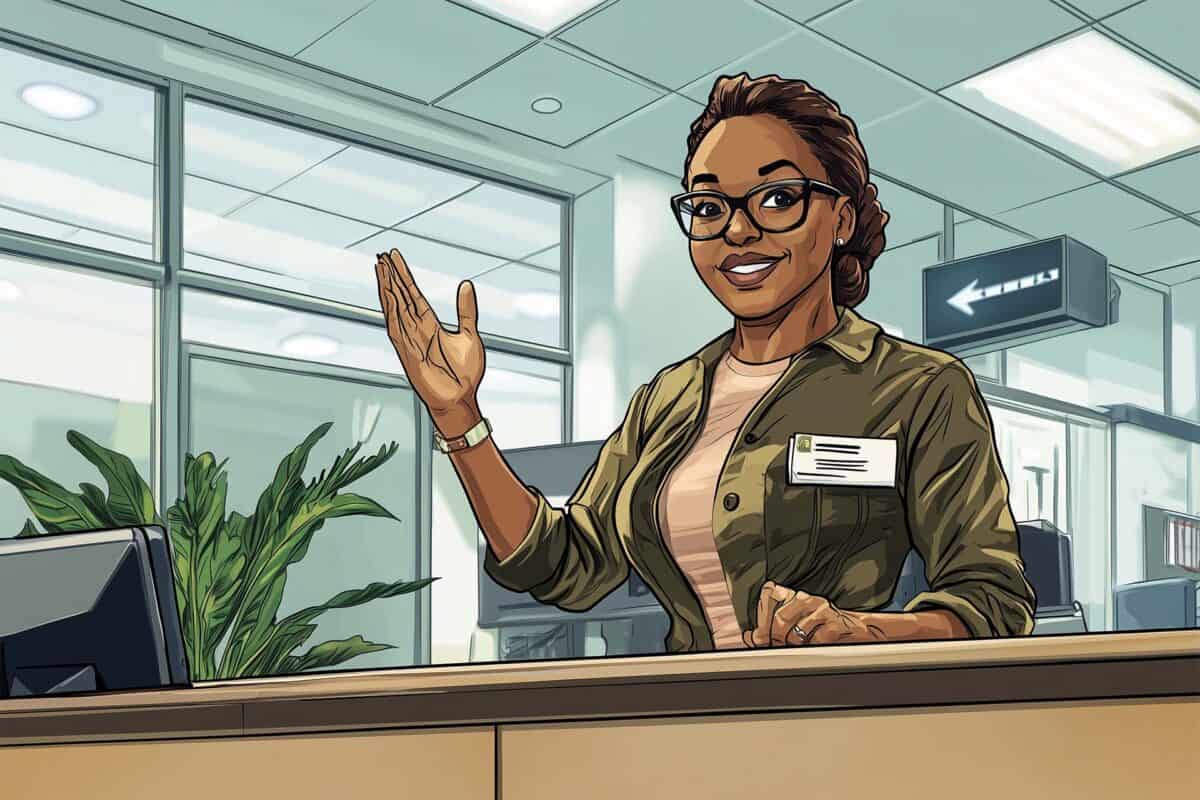 Woman standing behind reception desk at an office, smiling and waving to greet a customer