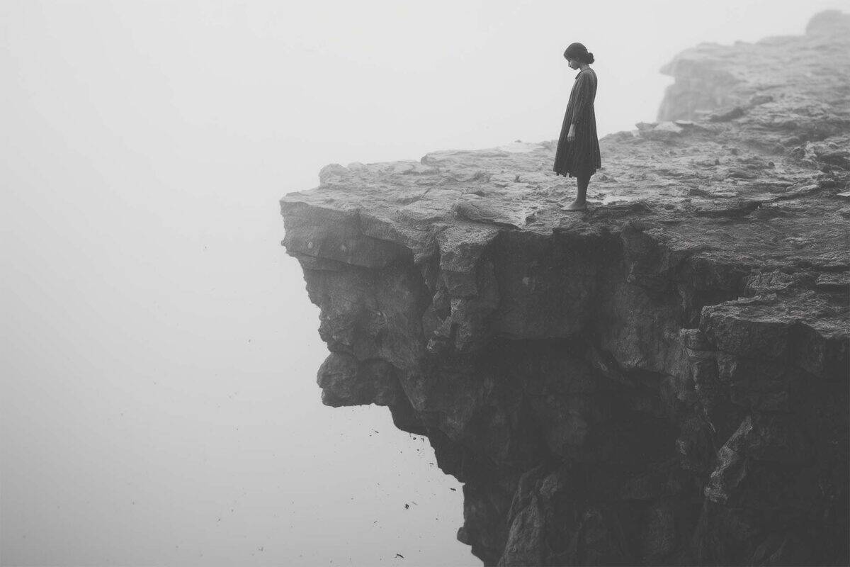 It seems daunting---until you look closer at what's actually required. Woman stands alone on rocky cliff edge, gazing down into foggy abyss, side view showing surreal lonely atmosphere.