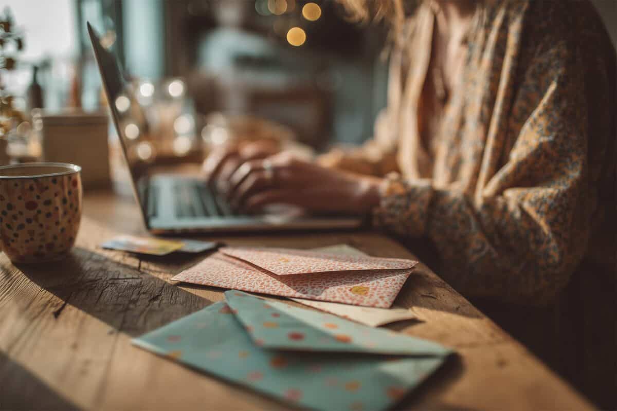 Woman typing on a laptop at a wooden desk with colorful envelopes nearby in soft morning light