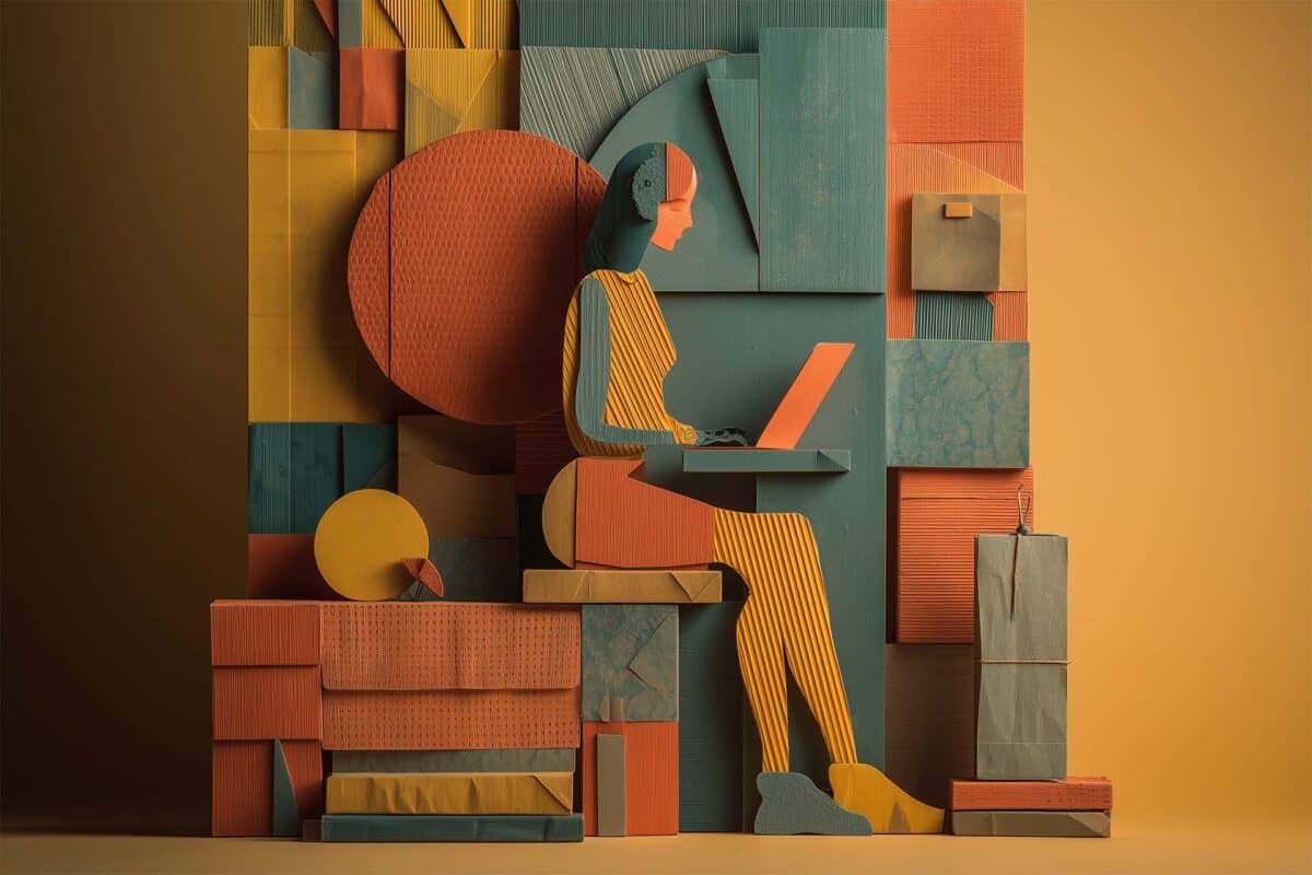 Accounts are for convenience, not identity verification. Woman using a laptop while seated among packages.