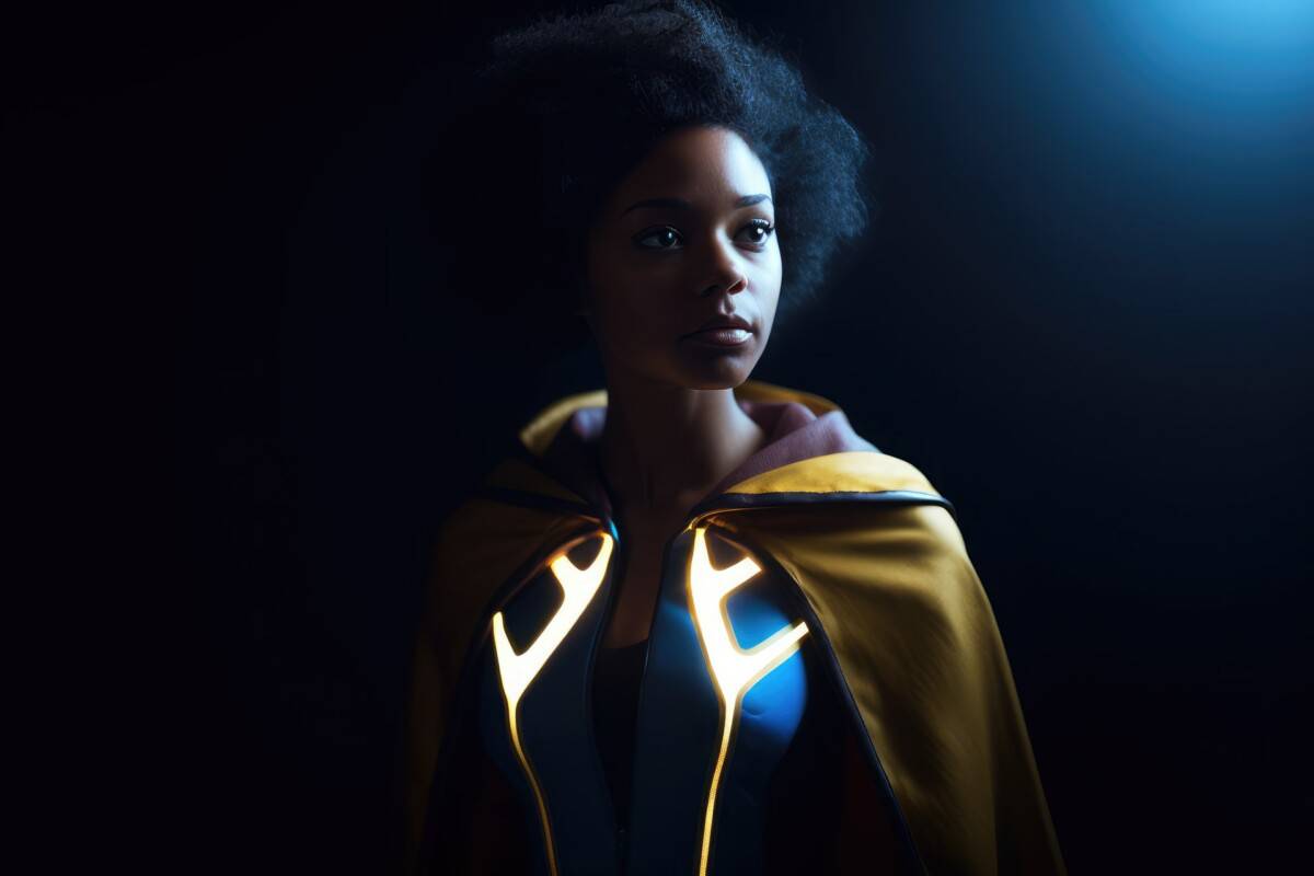 Woman in a yellow cape and glowing suit